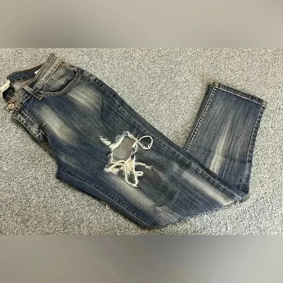 KanCan Women’s Jeans Size 25 Mid Rise Boyfriend Cropped Distressed Blue #1863 - Picture 9 of 9